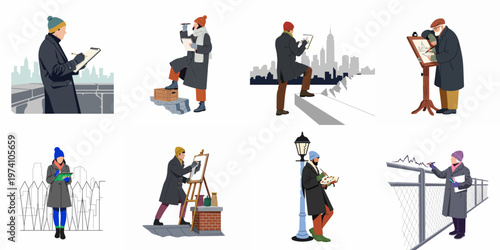 Set of diverse artists sketching and painting cityscapes outdoors in winter clothing, illustrating urban art and creative hobbies in cold weather.