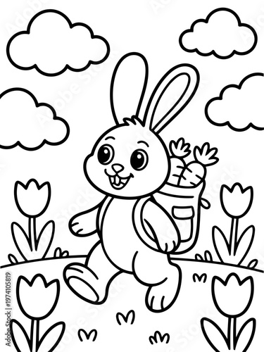 Springtime Bunny's Bounty: A charming illustration depicts a cheerful rabbit merrily hopping through a meadow, its backpack filled with fresh carrots, celebrating the season's harvest.