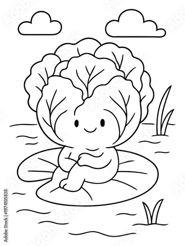 Cabbage character: A cute cabbage character sits peacefully on a lily pad in a tranquil pond, surrounded by soft clouds and blades of grass, creating a whimsical and charming scene. 