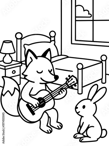 Fox serenades Bunny: A charming fox strums a ukulele, serenading a captivated bunny in a cozy room. A heartwarming scene of friendship and music unfolds, against the backdrop of a simple.