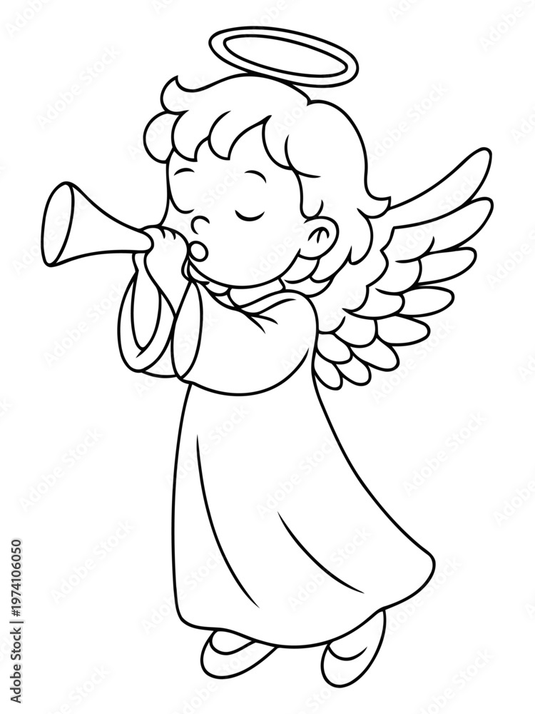 Fototapeta premium Angel's Harmony: A charming angelic figure serenades with a trumpet, wings outstretched, against a soft, ethereal backdrop. A scene filled with faith, peace, and heavenly melody.