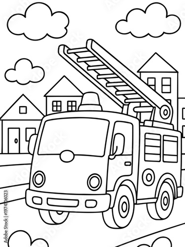 Fire Truck in Town: An illustration of a fire truck in a town setting. Suitable for a child's coloring book or educational materials.