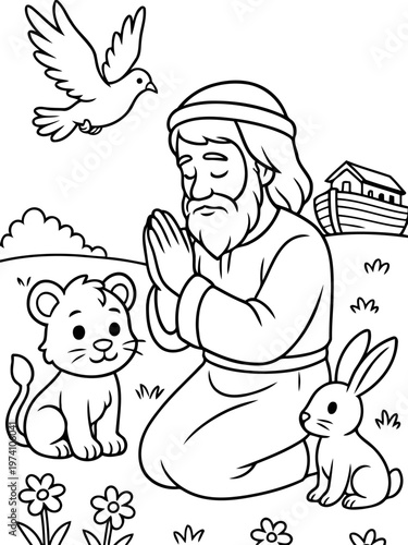 Noah's Prayer: A serene illustration of Noah kneeling in prayer with a dove, lion cub, and rabbit, symbolizing peace and faith after the great flood.