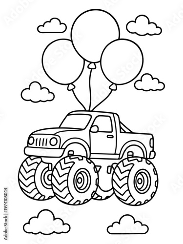 Monster Truck with Balloons: A whimsical illustration showcases a monster truck carrying a cluster of buoyant balloons, creating a cheerful scene perfect for coloring or playful designs.