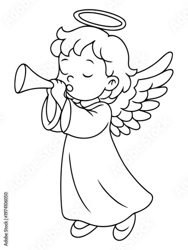 Angel's Harmony: A charming angelic figure serenades with a trumpet, wings outstretched, against a soft, ethereal backdrop. A scene filled with faith, peace, and heavenly melody.