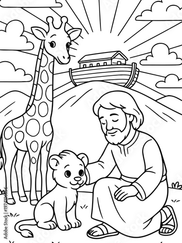Noah's Ark and Animals: An illustration showing Noah with a lion cub and giraffe by the ark during sunrise.