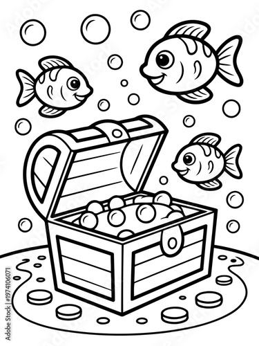 Ocean's Bounty: A captivating illustration showcases a treasure chest brimming with gleaming gold coins, surrounded by playful, cheerful fish and floating bubbles. It evokes a sense of adventure.