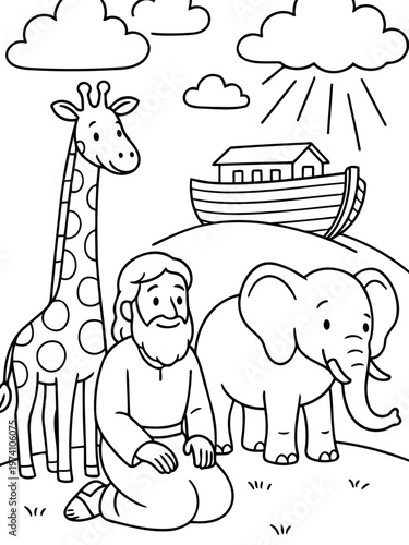 Noah's Ark Illustration: A heartwarming illustration depicts Noah alongside a giraffe and elephant, with the ark perched atop a gentle hill under a beaming sun.