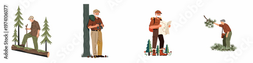 Set of illustrations depicting an active senior man enjoying various outdoor activities like hiking, birdwatching, and navigating in a forest setting.