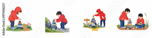 Set of illustrations depicting children stacking stones and building cairns in various outdoor settings, emphasizing mindfulness, concentration, and nature play.