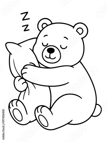 Snuggle Sleep: A peaceful black and white drawing of a cuddly bear, embraces a soft pillow while sleeping, inviting calm and relaxation.