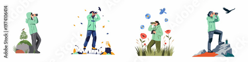 Flat vector illustrations of diverse people engaged in birdwatching and nature observation across various seasonal landscapes using binoculars.
