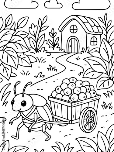 The Busy Bug: A charming illustration shows a cute insect diligently hauling a cart laden with juicy fruit, navigating a garden path towards its cozy cottage.