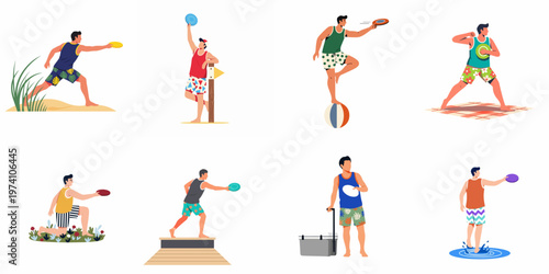 Collection of flat vector illustrations of young men playing with flying discs and frisbees in various summer outdoor settings.
