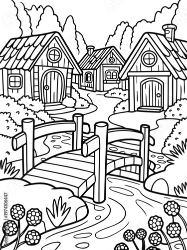 Cottage Bridge: An enchanting village scene with quaint cottages nestled beside a babbling stream, spanned by a charming bridge and surrounded by lush nature.