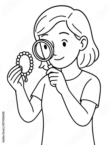 Intrigued Inspection: A curious individual peers through a magnifying glass, engrossed in examining a delicate strand of beads, exemplifying focused attention and the allure of discovery.