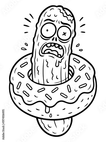 Pickle Character with Donut: A whimsical pickle character takes a dip in a donut-shaped inflatable, exhibiting a surprised facial expression.