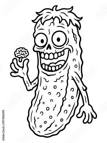 Pickle with Brain: A whimsical drawing of a quirky pickle figure holding a brain, its expression a mix of madness and amusement.