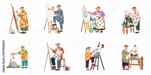 Set of Eight Illustrations Depicting Elderly Women Enjoying the Creative Hobby of Painting on Canvas in Various Styles and Settings.