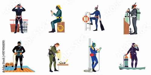 Set of diverse scuba divers and professional divers in various wetsuits and equipment preparing for underwater exploration and activities.