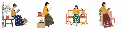Set of flat illustrations featuring young women reading books in various cozy and nature-inspired settings, perfect for hygge and literature themes.
