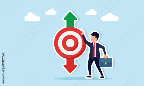 Businessman standing near a target board with up and down arrows as a metaphor for performance fluctuation in achieving business goals illustration