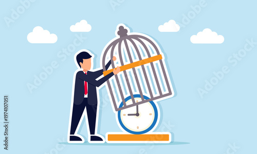 Businessman lifting and opening a cage containing a clock as a metaphor for gaining free time to complete a business project illustration