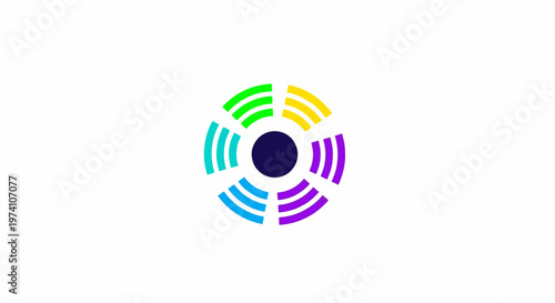 Colorful abstract circular design with vibrant radiating segments and a central dark circle.