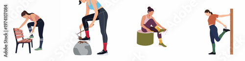 Flat vector illustration set of women cleaning mud and dirt off their athletic shoes after outdoor sports and hiking activities on white background.