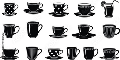 Vintage Black and White Coffee Cup and Teacup Set with Decorative Patterns for Classic Kitchenware, Beverage Icons