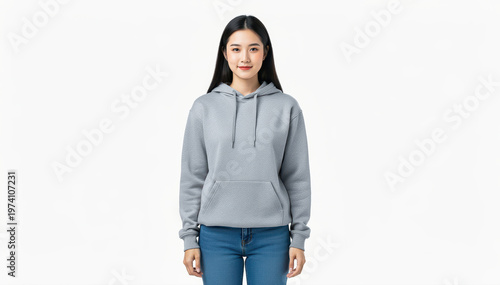 Serene Portrait: Capturing a woman in a casual gray hoodie with her hands by her sides.
