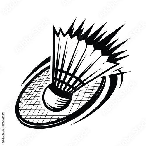 Dynamic illustration of a badminton shuttlecock and racket in motion with sharp feathers and energetic lines