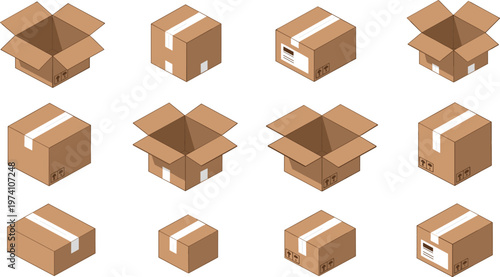 Vector Set of Open and Closed Cardboard Boxes for Logistics, Shipping, and Packaging Designs