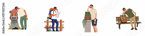 Set of illustrations depicting male hikers and travelers resting, navigating with maps and compasses, and carrying backpacks on their journeys.
