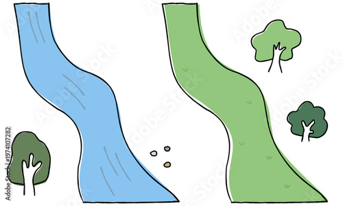 手描きの川と緑の道のイラスト素材