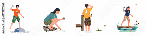 Flat vector illustration set of children and teenagers playing with stones, skipping rocks, and exploring nature by lakes and ponds during summer.