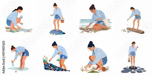 Set of illustrations depicting a young woman collecting sea glass and colorful stones on a sandy beach during a summer vacation.