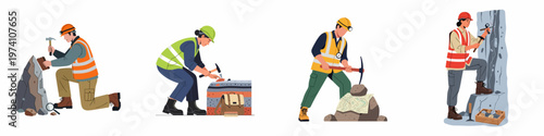 Set of diverse geologists and miners in safety gear performing field work, rock sampling, and mineral exploration using specialized tools.