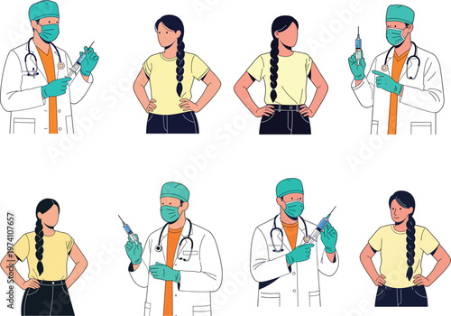 Medical doctor in scrubs and face mask holding vaccine syringe for patient immunization and healthcare prevention program
