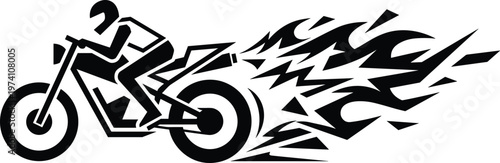 Abstract motorcycle racing illustration with rider, dynamic speed flames, modern vector design, extreme sport concept, black and white graphic style