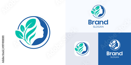 Circular silhouette human face with leaf logo icon design vector illustration, Symbol people head with branch leaves for beauty, nature, wellness, mental health, organic, brand identity, spa, skincare