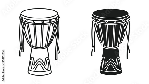black and white illustration of two djembe drums
