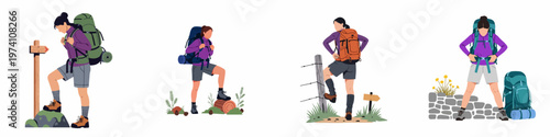 A set of flat vector illustrations featuring a female hiker with different backpacks in various outdoor trekking scenarios on a white background.