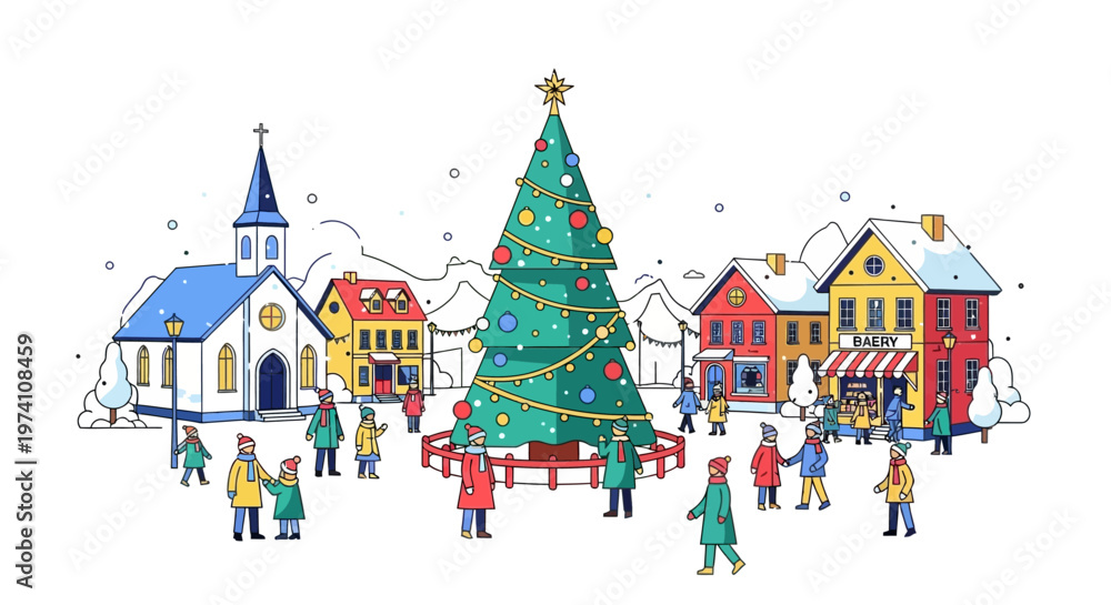 Fototapeta premium Festive winter town scene with a christmas tree silhouette on transparent background