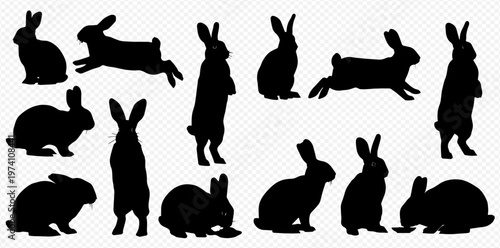 Collection of various black rabbit silhouettes in different poses, isolated on a transparent background, perfect for Easter and animal-themed designs.