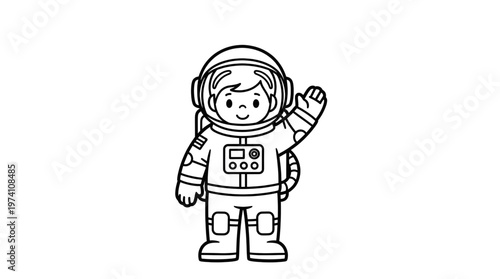 line art of a kid astronaut in space suit for coloring book or educational design. Friendly space explorer character standing and waving for galaxy and astronomy theme on white background.