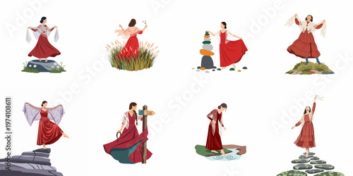 Collection of eight flat illustrations depicting a faceless woman in a red dress enjoying various nature settings like fields, rocks, and water.