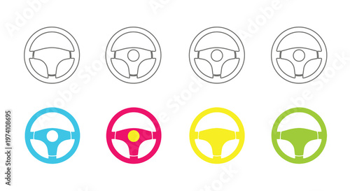 Four steering wheels in varying colors and styles shown as line icons