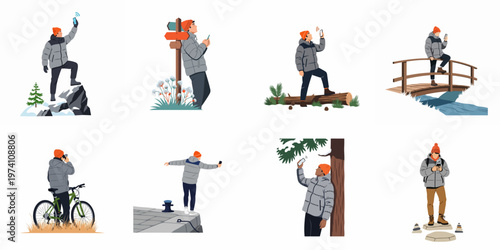 Set of illustrations depicting a man in winter attire trying to find mobile network coverage in various outdoor settings such as mountains and forests.