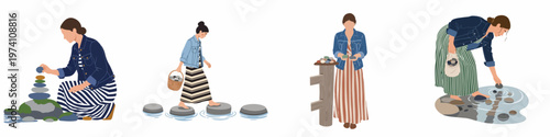 Vector set of women interacting with stones, stacking cairns, walking on stepping stones, and collecting pebbles in a minimalist flat illustration style.